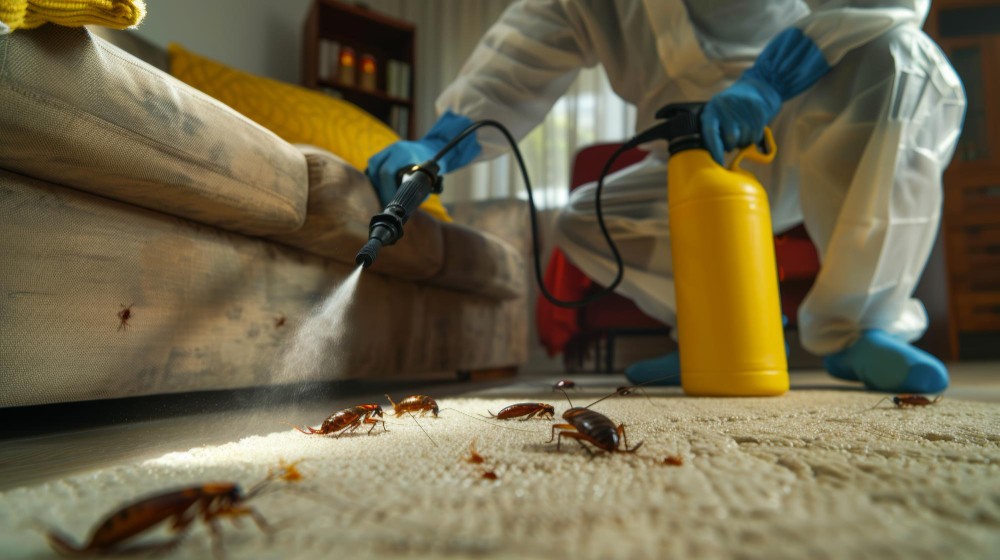 petugas pest control sedang menunjukan cara mengusir keoca dengan alat semprot