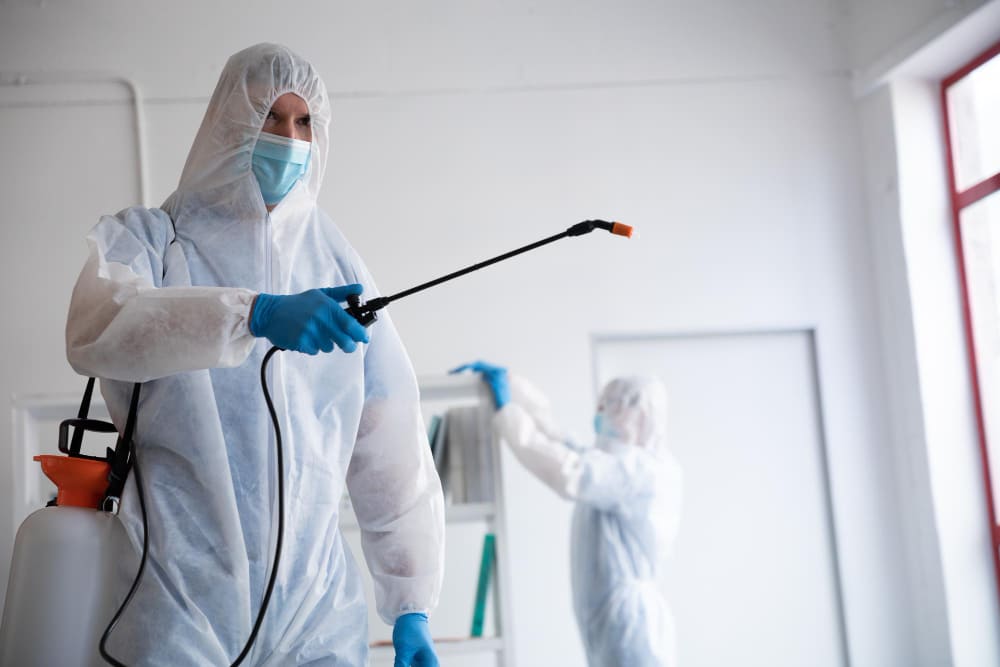 Beberapa pegawai pest control dengan hazmat sedang membersihkan ruangan