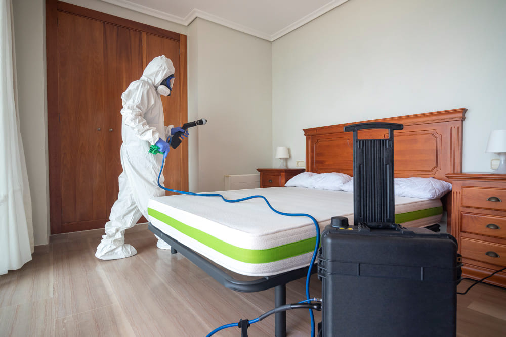 Pegawai pest control dengan hazmat sedang membersihkan ruangan dari kutu