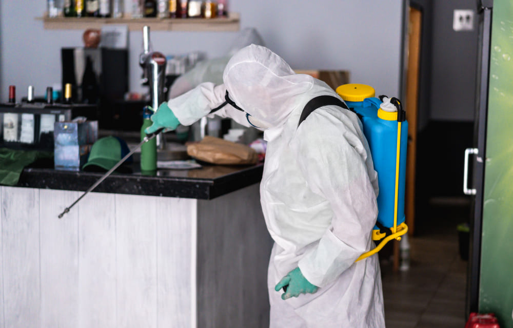 Pegawai pest control dengan hazmat sedang membersihkan ruangan