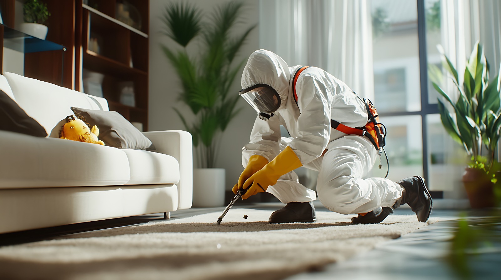 Pegawai pest control dengan hazmat sedang melakukan pembersihan rumah